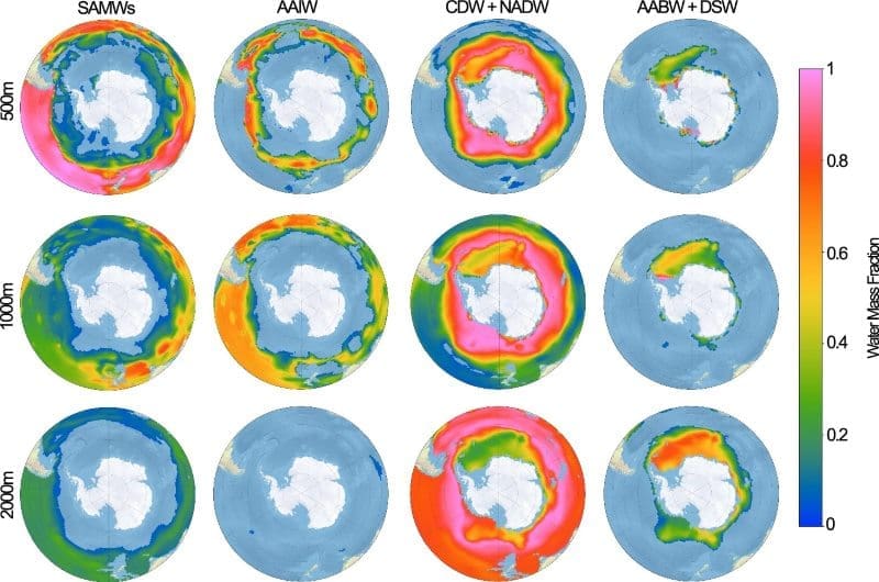 Image: Fig. 3 - Circumpolar distribution of Southern Ocean water mass fractions. - 'Poleward migration of warm Circumpolar Deep Water towards Antarctica'