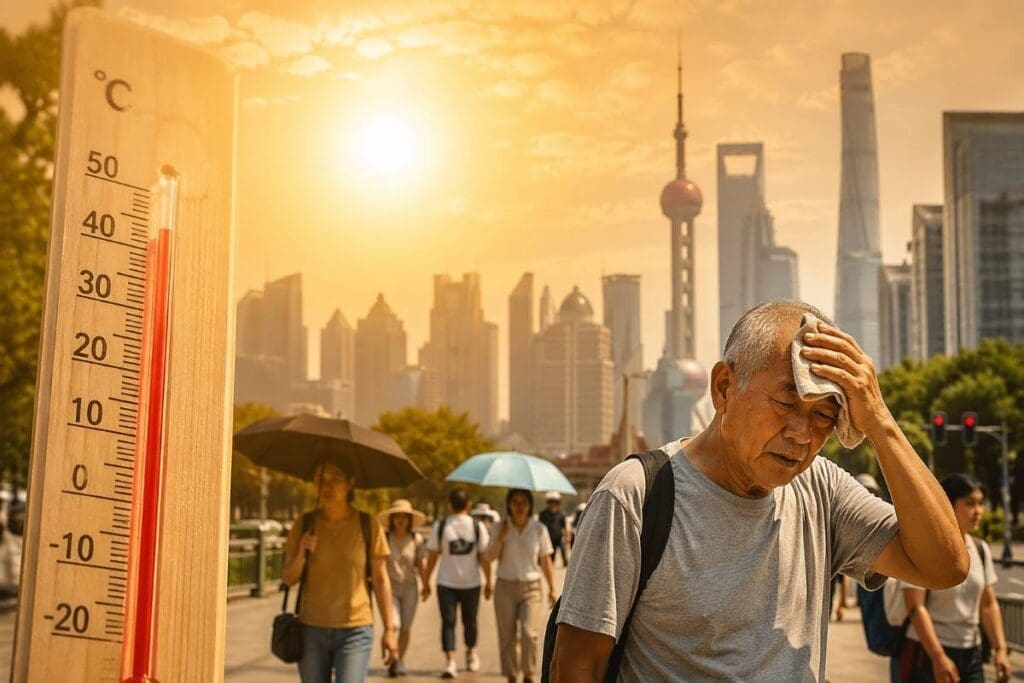 Image: Elderly man wiping sweat during a heatwave in a city street, with a large thermometer showing high temperatures and people walking under strong sunlight (s. Extreme heat)