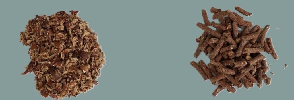 Image: chestnuts shells (left), pelletized chestnut shells