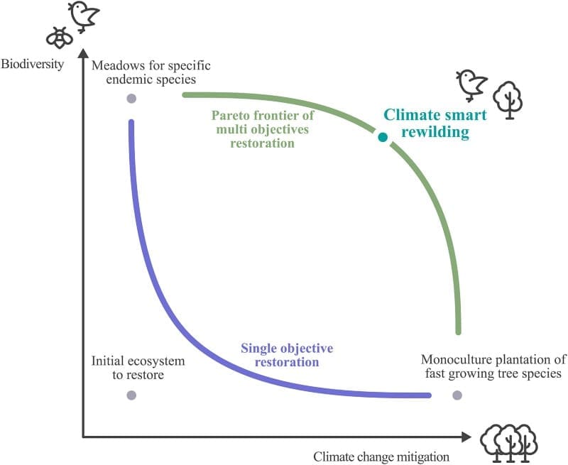 Rewilding maps reveal Europe’s strongest climate and biodiversity opportunities Image: Fig. 1 - Conceptual representation of single-objective versus multi-objective ecosystem restoration outcomes - 'Toward climate-smart rewilding: An integrated framework for biodiversity, climate change, and society' (s. climate resilience)