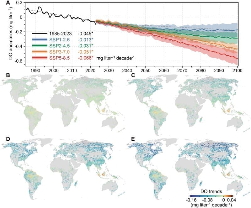 Image: Fig. 4 - 'Sustained deoxygenation in global flowing waters under climate warming' (s. Climate warming is driving oxygen loss in rivers worldwide)