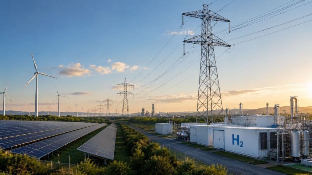 Image: Solar panels, wind turbines, electricity transmission towers, and hydrogen infrastructure in a large renewable energy landscape at sunset
