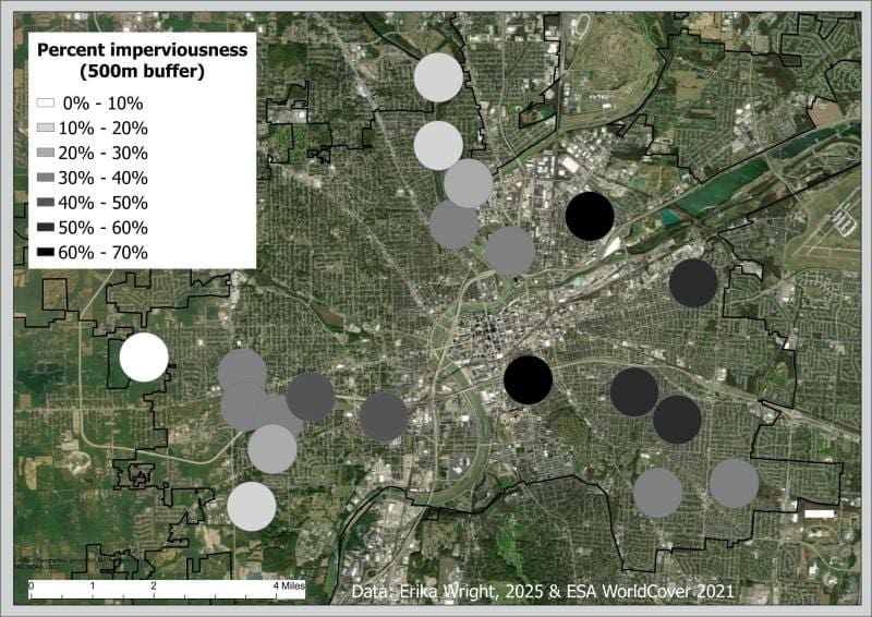 Image: Fig. 1  Map of planting sites and imperviousness Map of tree planting sites in Dayton, Ohio, USA - 'Building climate resilient urban forests: Impacts of irrigation and heat on tree establishment in a legacy city'
