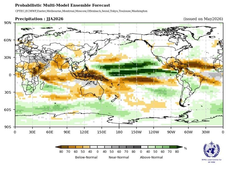 Temperatures likely to remain at record levels in 2026-2030: UN Image: Map - Probabilistic Multi-Model Ensemble Forecast (s. temperatures)