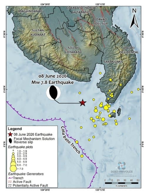 Deadly Philippine quake raised seabed by up to two metres Image: Map showing the epicentre of the 08 June 2026 magnitude 7.8 Offshore Sarangani Earthquake and the distribution of aftershocks recorded by 12:00 PM local time (s. Philippine earthquake 2026)