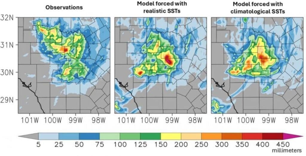 Image: Three maps showing rainfall totals in the Texas Hill Country on July 4, 2025 based on different data inputs 