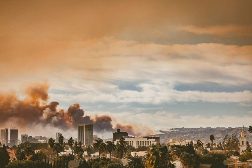 Wildfires caused huge losses in 2025 despite one of the lowest burn areas on record Image: Smoke from the Eaton Fire rises over Los Angeles, viewed from Koreatown in January 2025, wildfire
