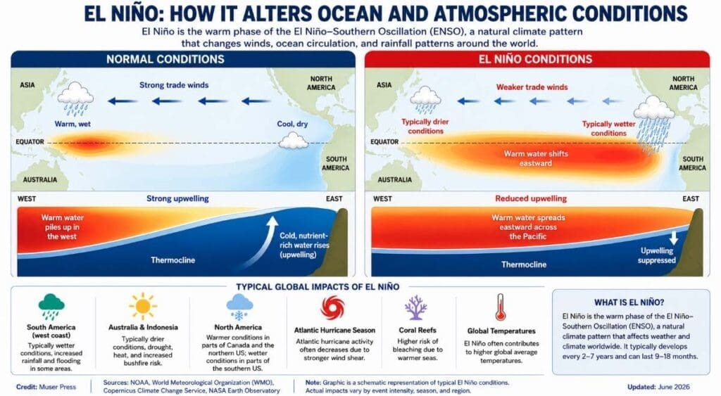 Weather pattern El NiƱo is here and could reach historic intensity Image: Infographic: Muser Press, based on information from NOAA, WMO, Copernicus Climate Change Service and NASA Earth Observatory (s. weather pattern El NiƱo)