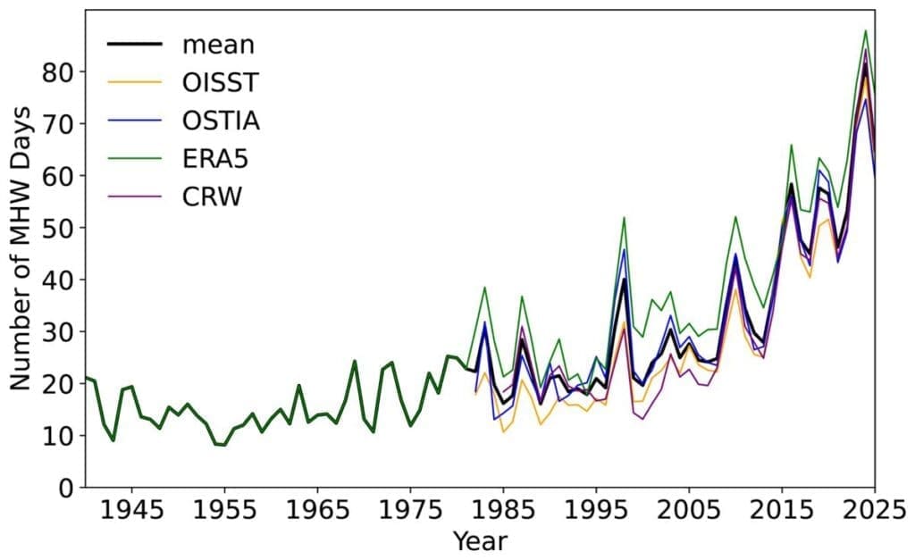 Earth's heat buildup accelerates as global warming reaches 1.37 °C Image: Figure 12 - Global mean annual number of marine heatwave (MHW) days from ERA5 (1940–2025), OISST (1982–2025), OSTIA (1982–2025), and CRW (1985–2025), and the mean of these shown in black