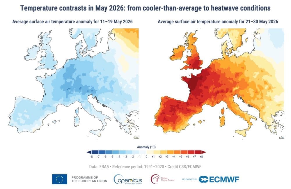 World sees second hottest May as Europe faces 'new normal': EU monitor Image: map - Average daily surface air temperature anomaly for (left) 11-19 May 2026 and (right) 21–30 May 2026 relative to the corresponding average for the period 1991-2020 (s. hottest May)