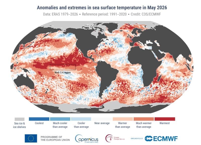 Image: map - Anomalies and extremes in sea surface temperature for May 2026