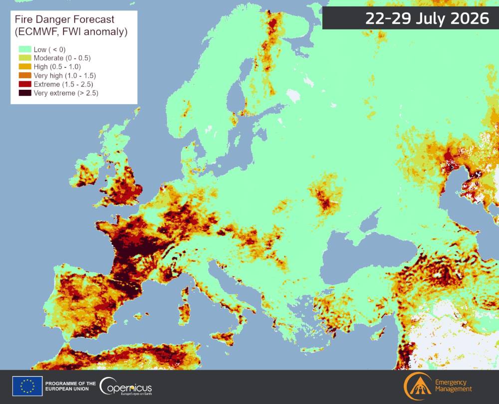 Deadly wildfires in Europe force thousands to flee Image: Fire danger forecast map July 2026 (s. Deadly wildfires in Europe force thousands to flee )