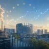 Image: EU institutions in Brussels framed by heavy industry, wind turbines and solar panels, with carbon-pricing symbols and market graphs illustrating reforms to the EU Emissions Trading System