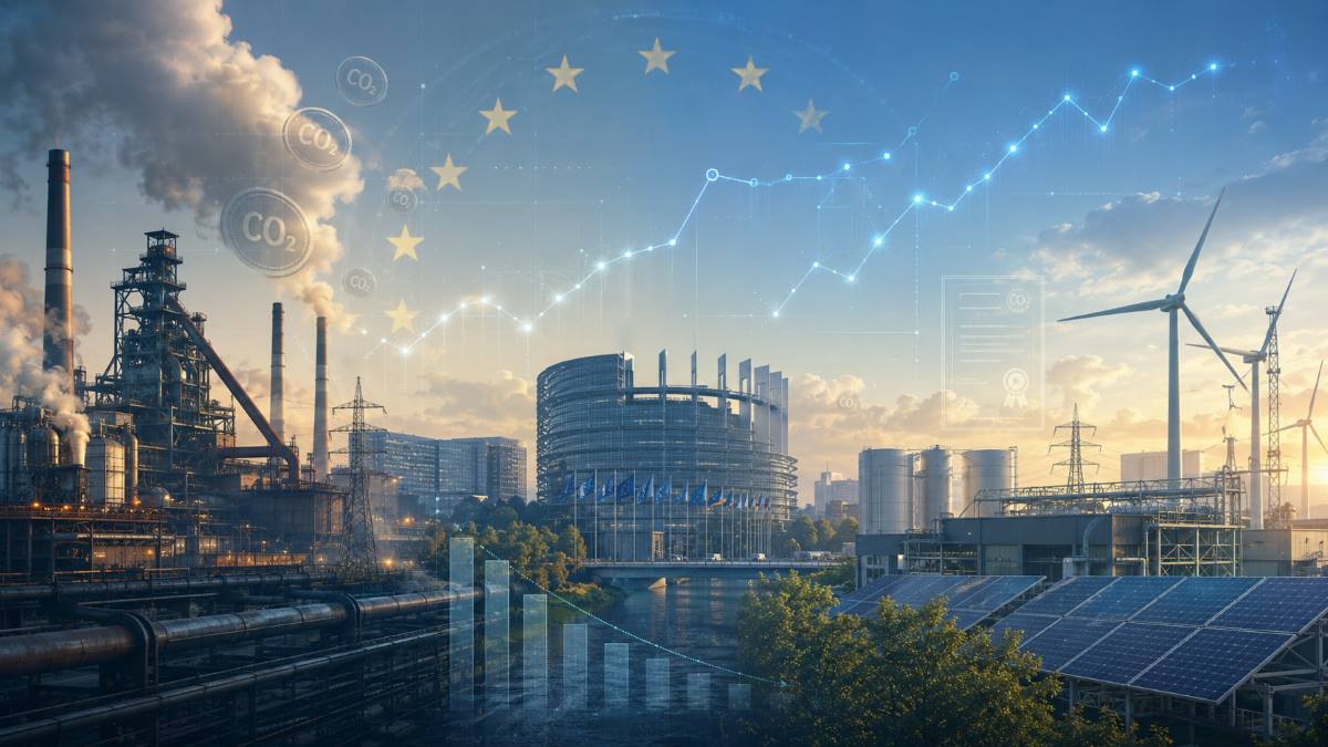 Image: EU institutions in Brussels framed by heavy industry, wind turbines and solar panels, with carbon-pricing symbols and market graphs illustrating reforms to the EU Emissions Trading System