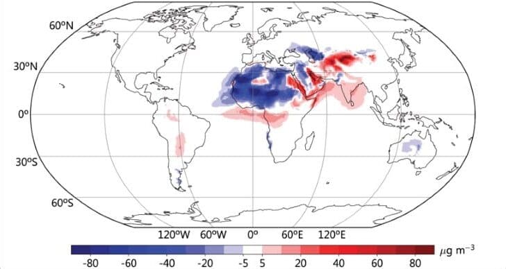 Intense sand and dust storms struck China, US in 2025: UN Image: map - Anomaly of the annual mean surface dust concentration (in μg m⁻³) in 2025 (s. sand and dust storms struck China, US in 2025)
