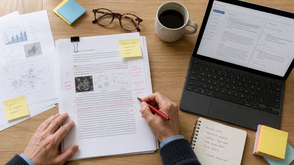 Who gets published in elite science journals? Prestige and country play a role Image: Overhead view of a scientific manuscript being reviewed, with handwritten annotations, research figures, notes, a laptop and a red pen on a desk.
