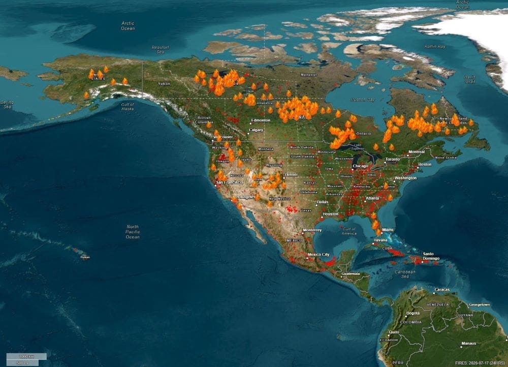 Hazardous Canadian wildfire smoke choking millions in US Image: map shows satellite-detected active fires and thermal anomalies across Canada and the United States during the 24 hours ending on 17 July 2026 (s. Hazardous Canadian wildfire smoke choking millions in US)
